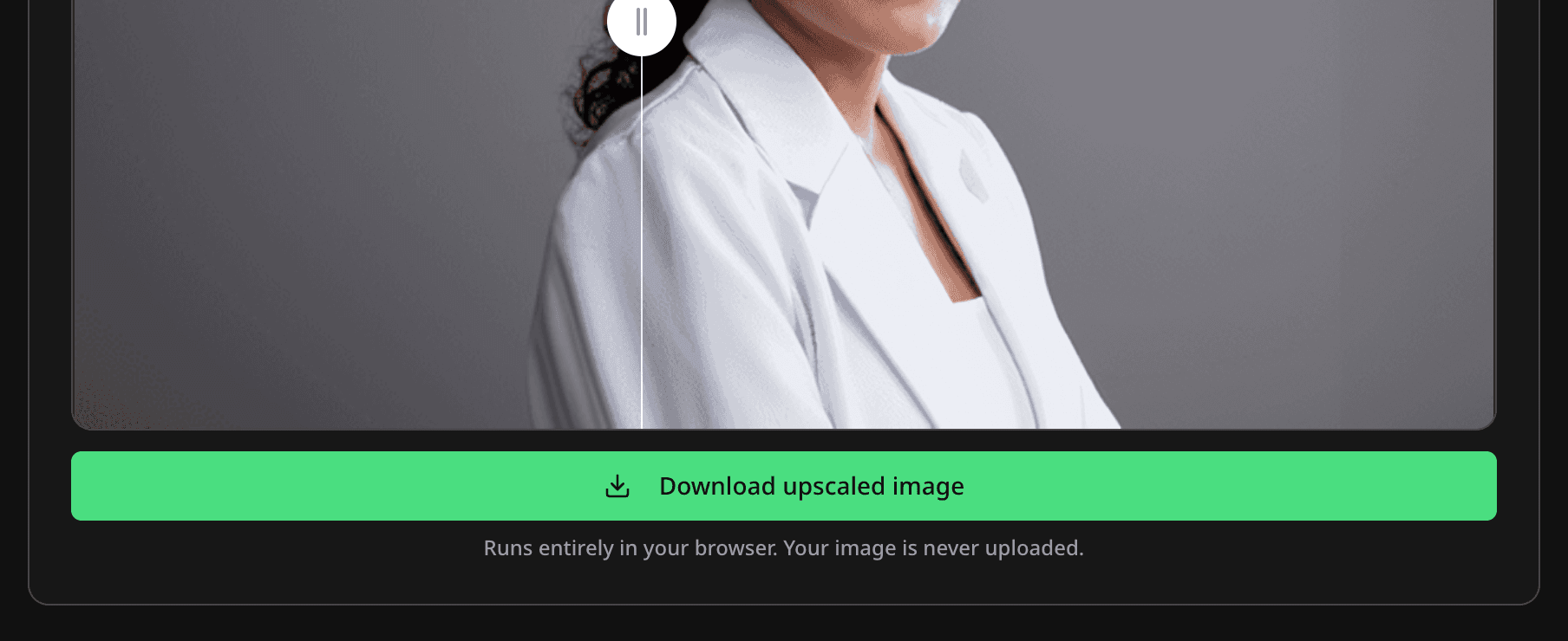 The Download upscaled image button below the result, with a note that the image is never uploaded