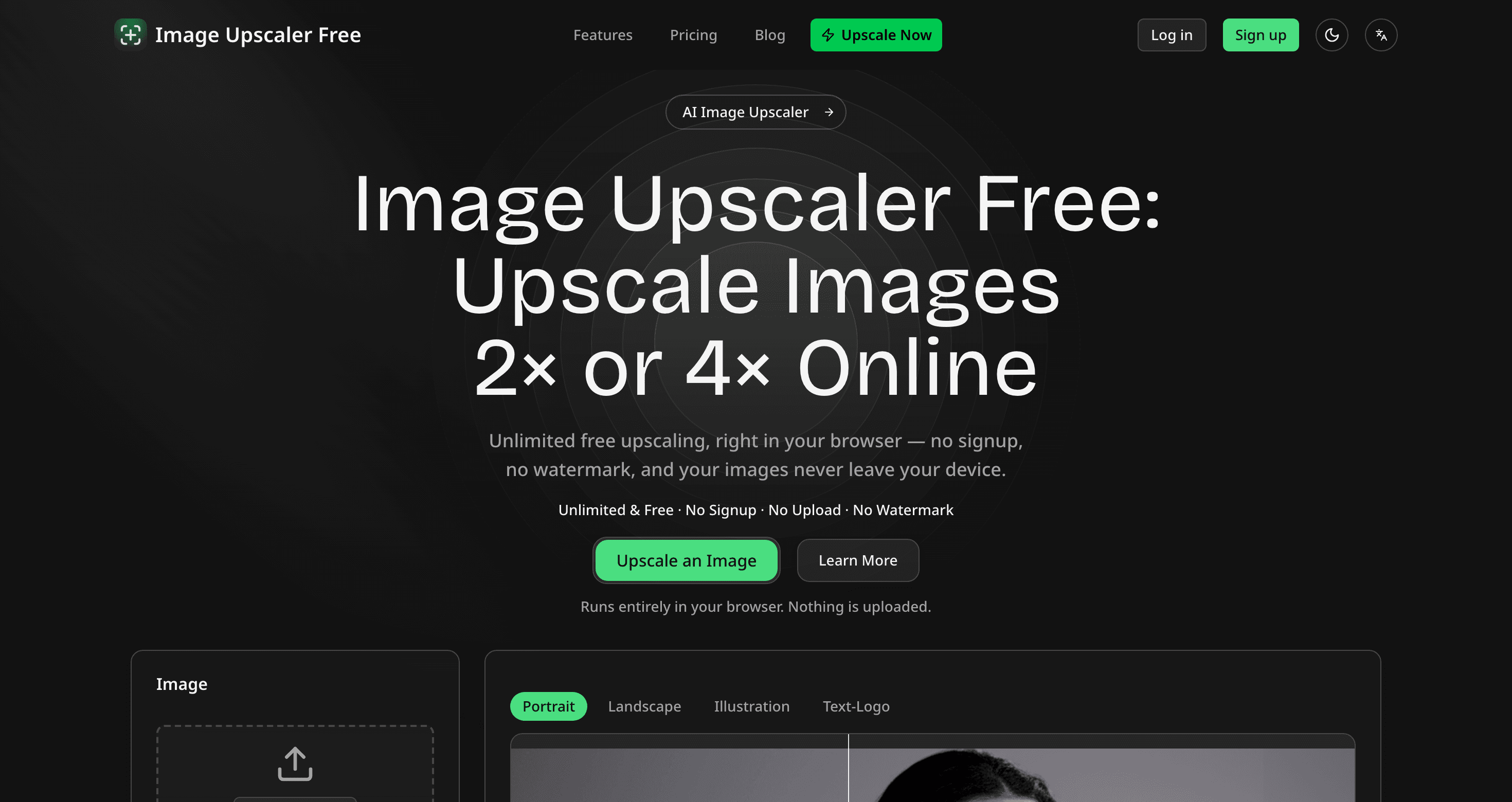Image Upscaler Free homepage: the headline, the No Signup / No Upload badges, and the upscaler itself starting below