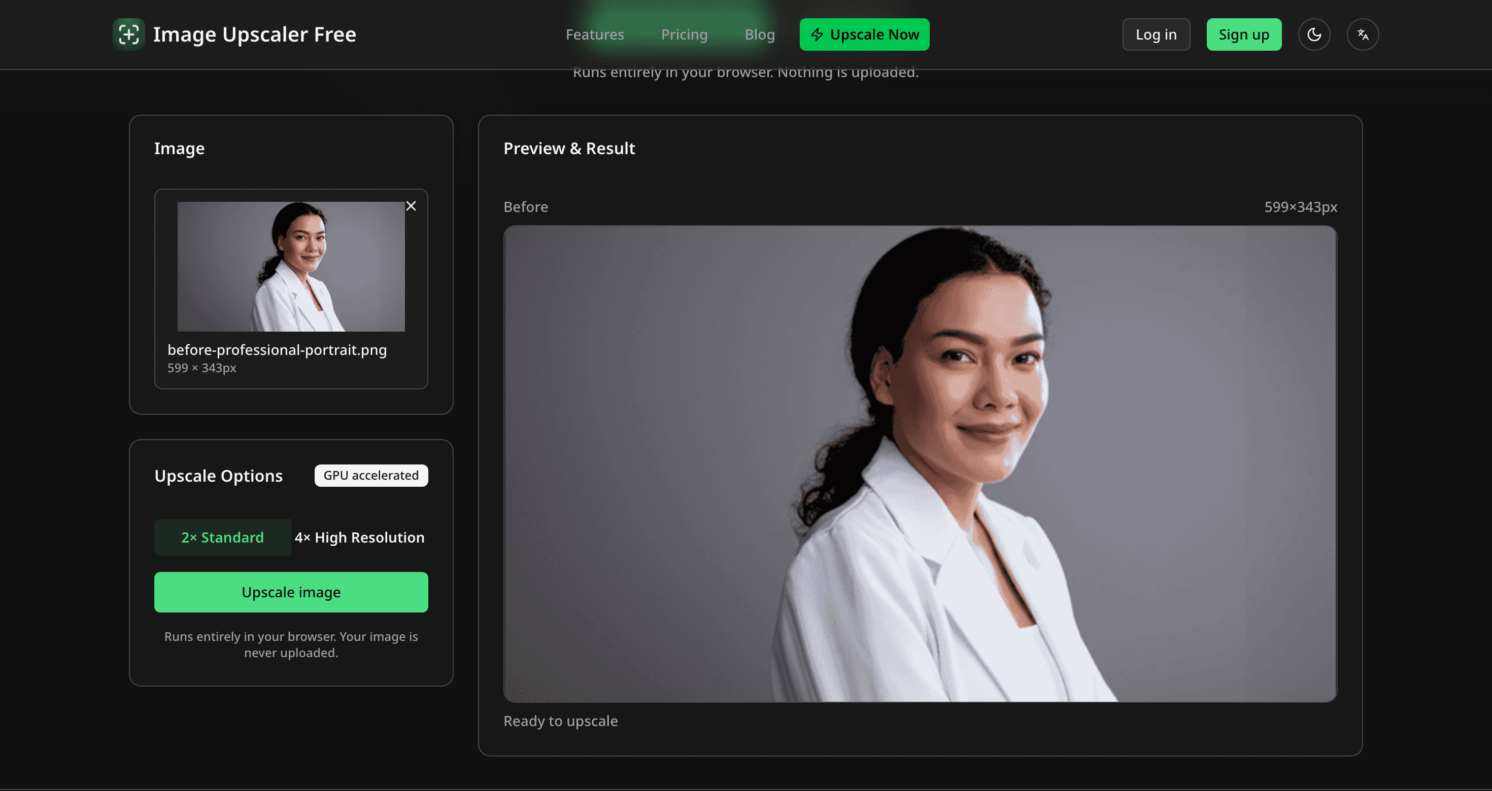 The tool with an image loaded, 2x Standard selected, and the Upscale image button ready